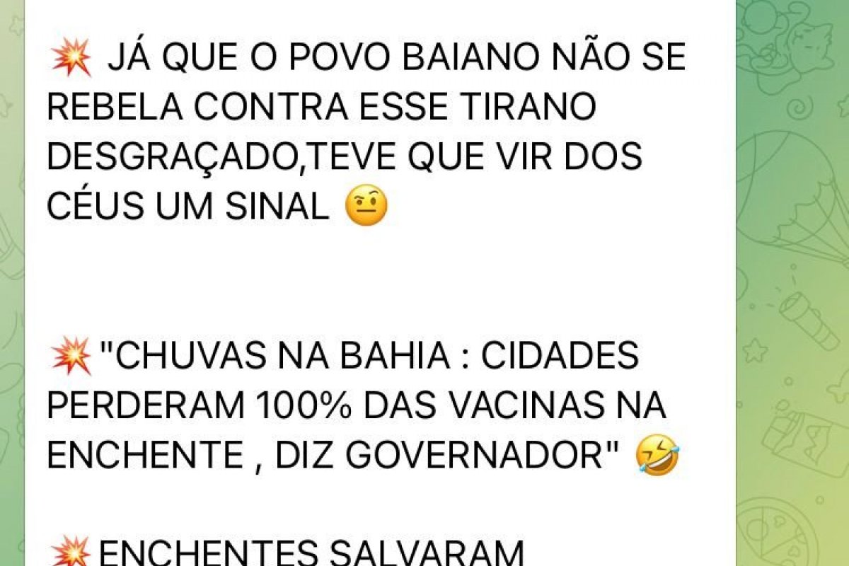 Perfis em grupo no Telegram comemoram que enchente na Bahia 'destruiu vacinas'