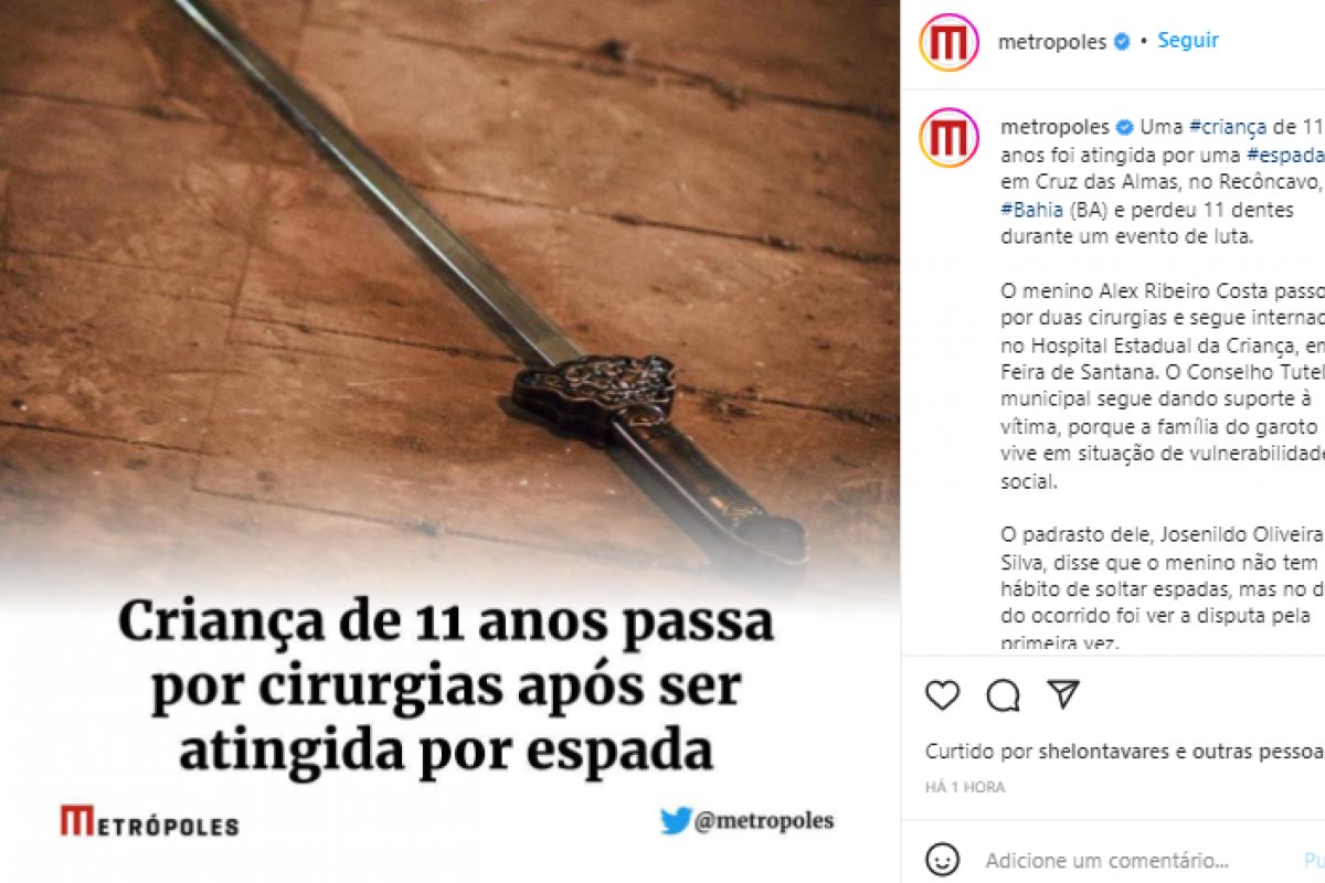 Metrópoles comete gafe ao afirmar que criança de Cruz das Almas teria sido atingida por uma espada 