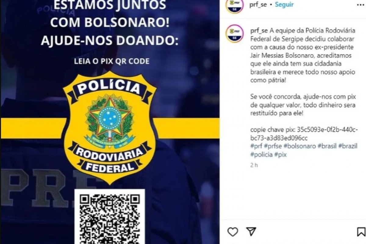 Página da PRF no Instagram faz publicação com pedido de doações para Bolsonaro 