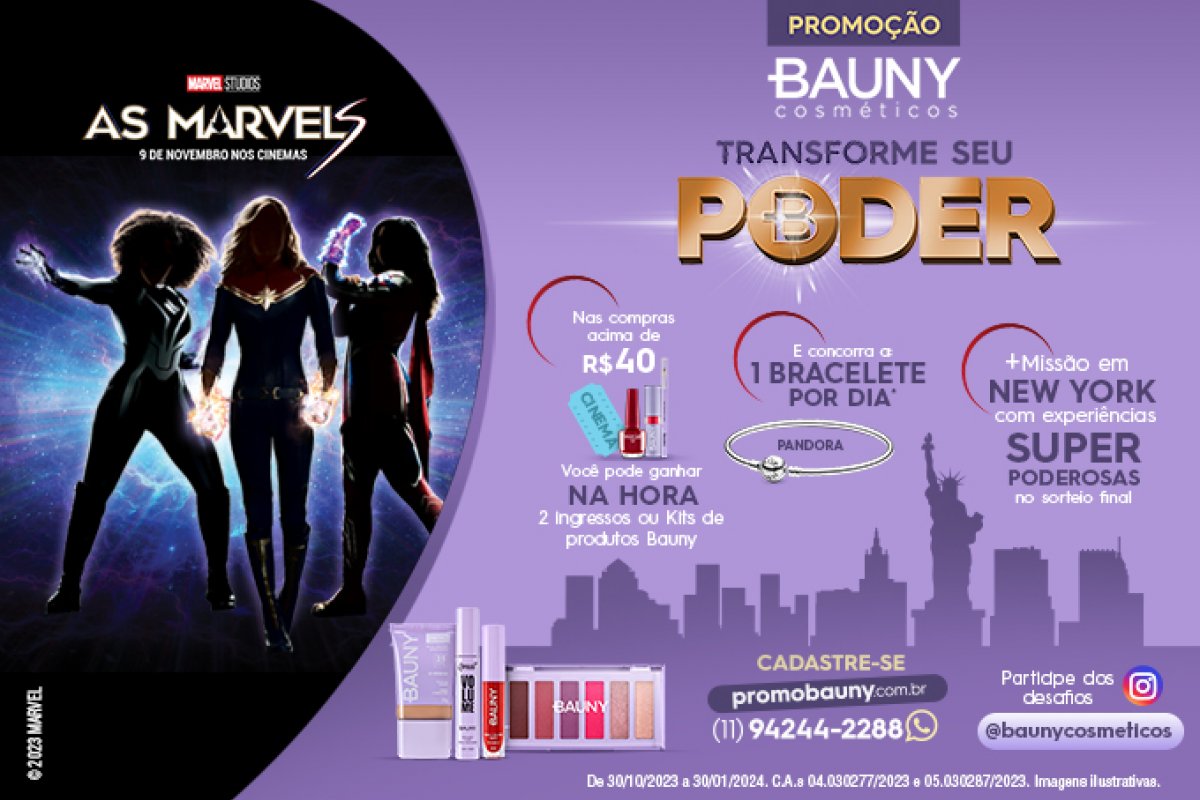 Bauny Cosméticos une força com o universo de As Marvels, da Marvel Studios, em uma promoção superpoderosa! 