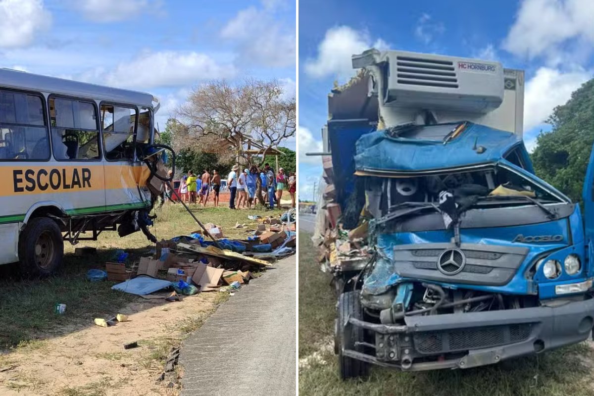 Batida entre ônibus escolar e caminhão deixa um morto e 22 feridos no norte da Bahia