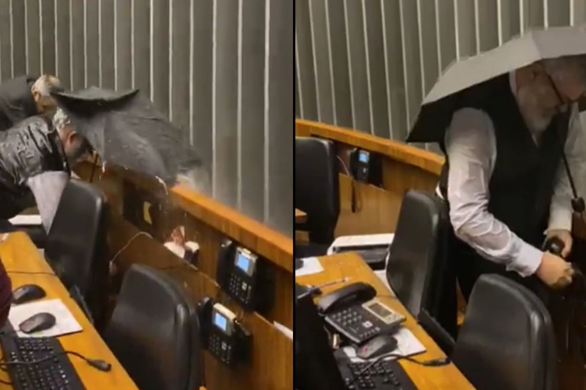 Vídeo: Chuva vaza em teto da Câmara e jorra água no plenário