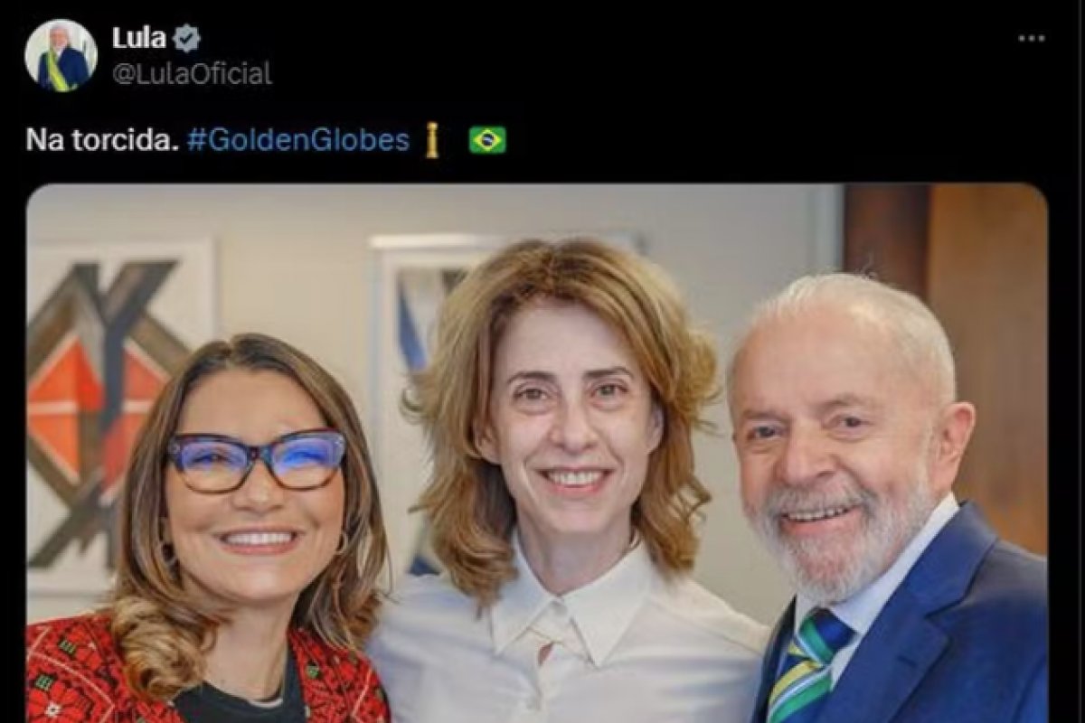 'Na torcida', diz Lula em post após indicação de Fernanda Torres Globo de Ouro 