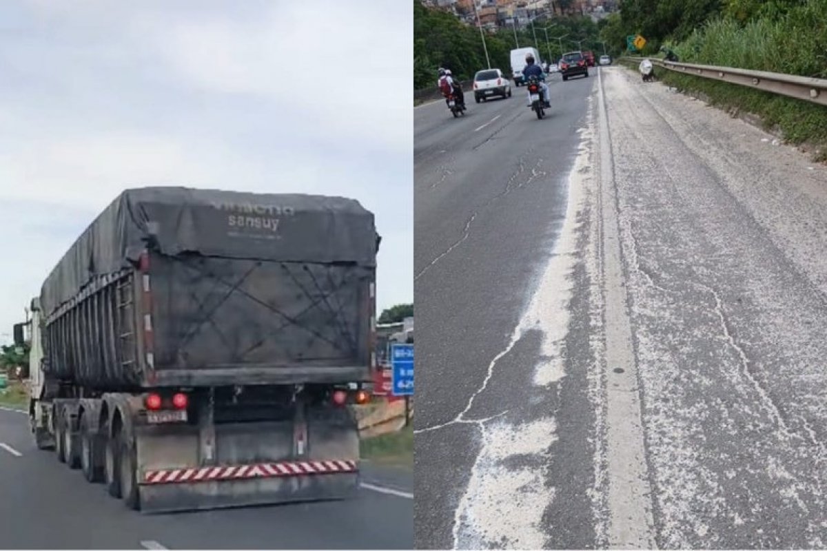 Carreta é interceptada na BR 324 após transportar carga em excesso e despejar parte do material na rodovia