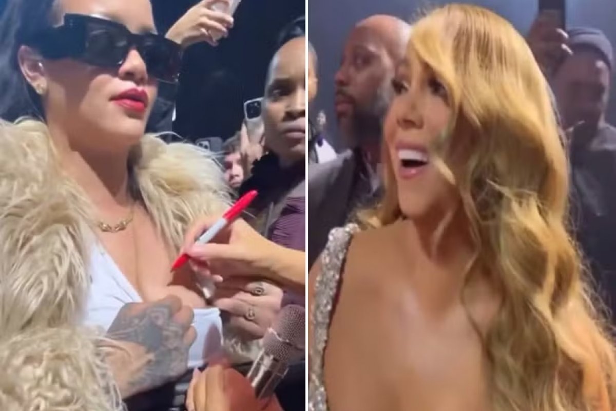Vídeo: Rihanna vai a show de Mariah Carey e pede autógrafo no seio