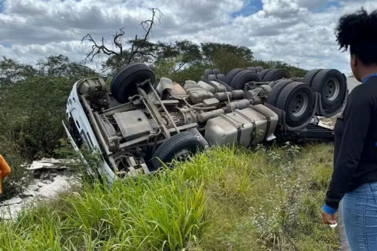 Caminhão tomba na BR-242 após motorista ser picado por abelhas