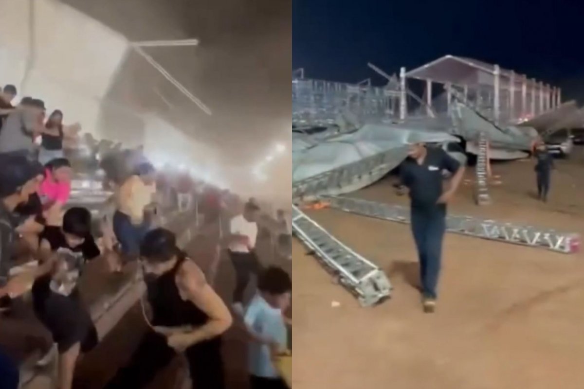 Vídeo: Três pessoas ficam feridas após ventania derrubar cobertura de arquibancada em Cuiabá