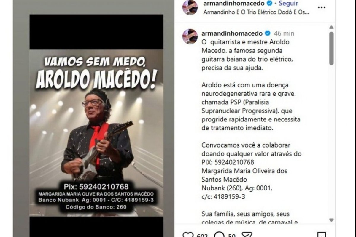 Armandinho Macedo cria campanha após irmão ser diagnosticado com doença neurodegenerativa rara: 'vamos sem medo, Aroldo Macedo' 