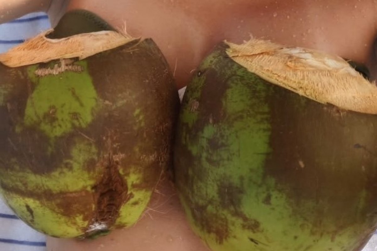 Famosa usa coco para cobrir os seios em praia da Bahia!