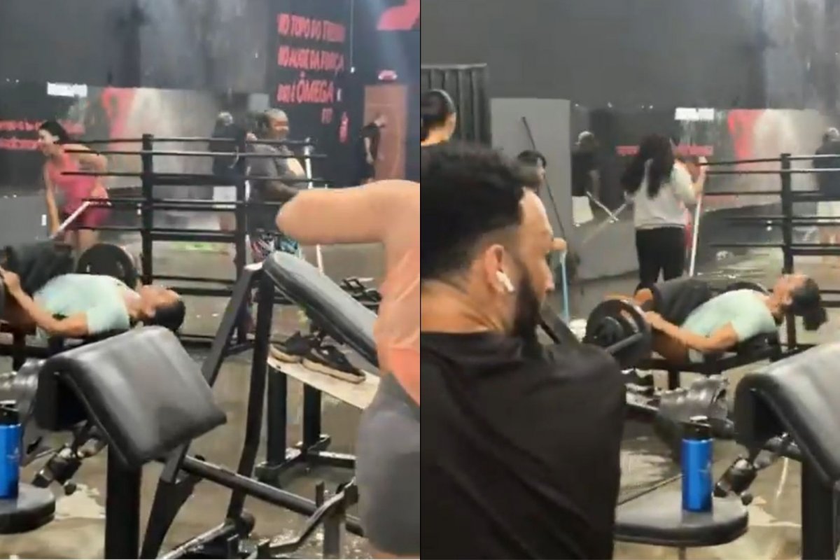 Vídeo: mulher viraliza na internet por manter o foco durante musculação, em meio a alagamento de academia em Vitória da Conquista 