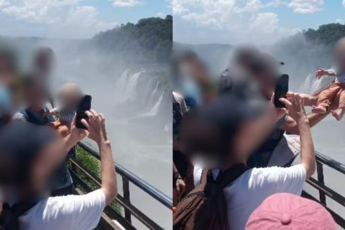 Homem é filmado erguendo bebê sobre grade de proteção na Garganta do Diabo