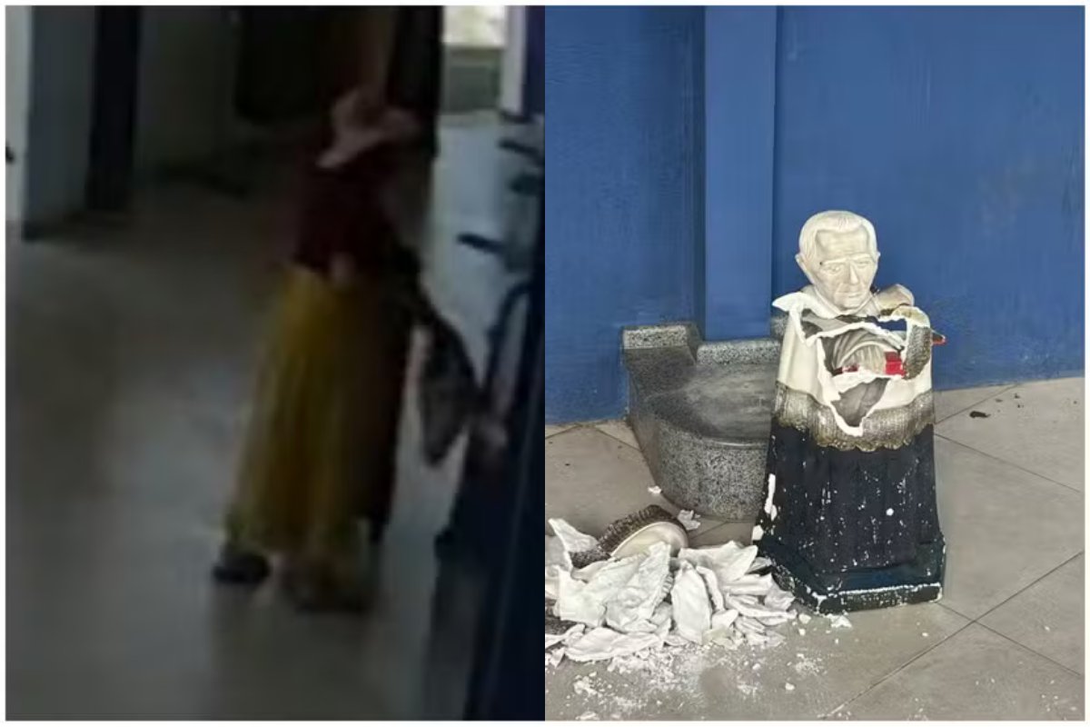Vídeo: Argentina é detida após vandalizar estátua religiosa no Ceará