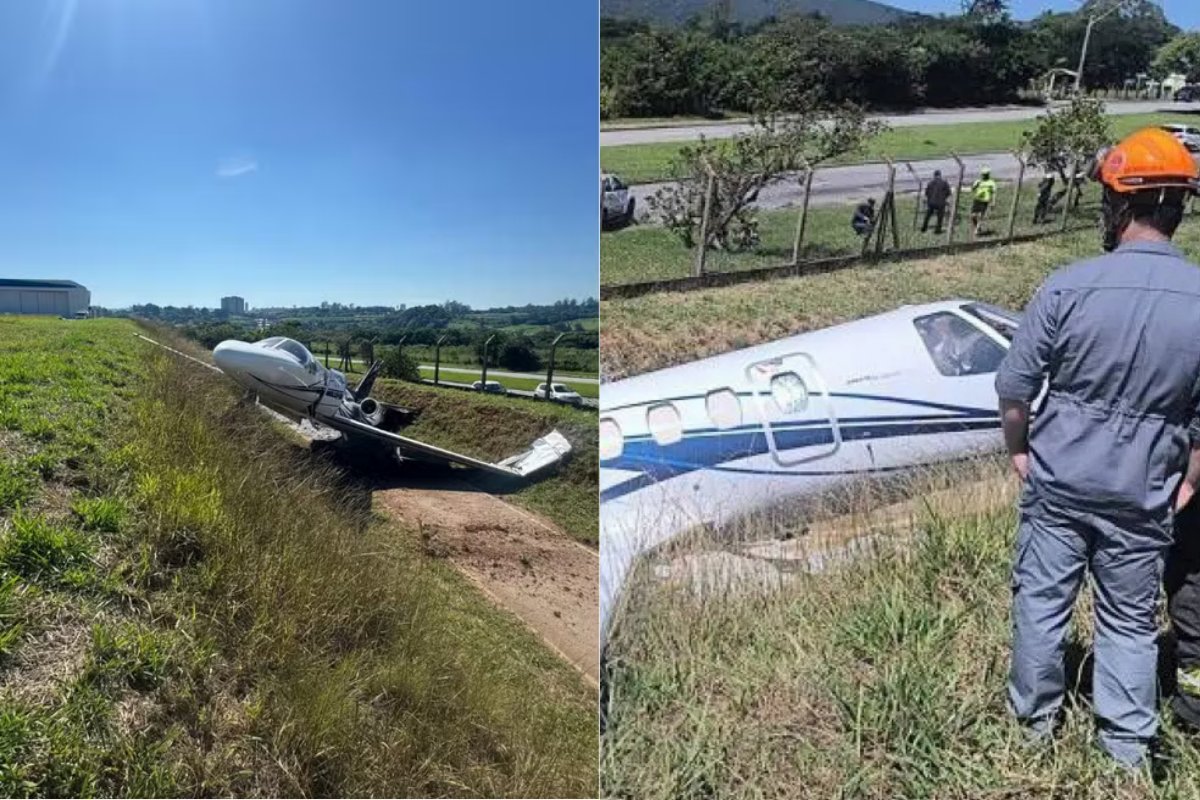 Vídeo: avião de pequeno porte sai da pista e atinge em barranco ao pousar em aeroporto de São Paulo