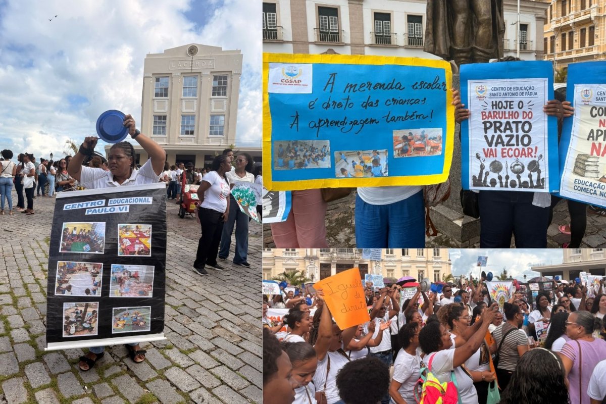 Vídeo: Manifestação contra merenda escolar precária em escolas comunitárias vinculadas à Prefeitura reúne manifestantes no centro da cidade
