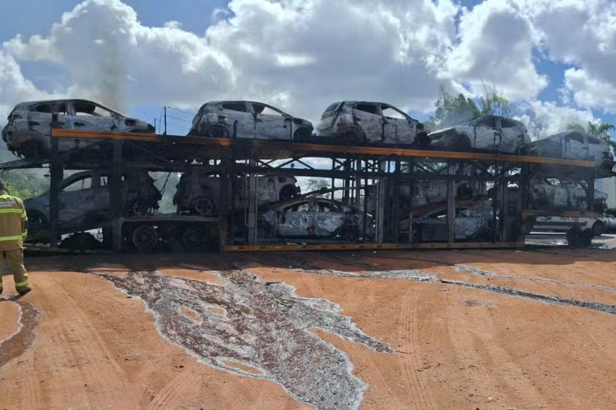 Caminhão cegonha com 11 carros elétricos é destruído por incêndio na Bahia