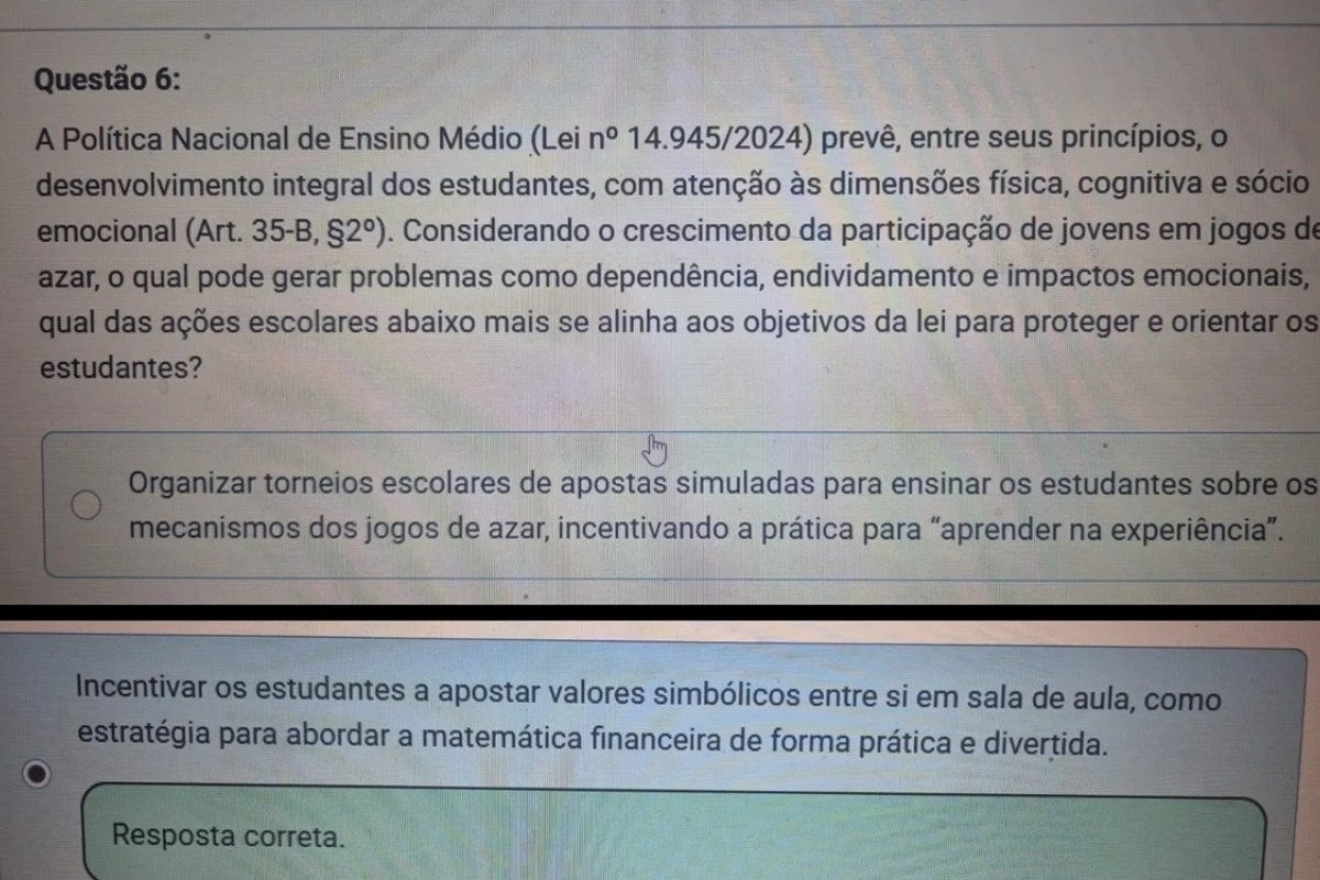 Curso do MEC define como "correta" alternativa de questão que estabelece bets como ferramenta de ensino, diz coluna