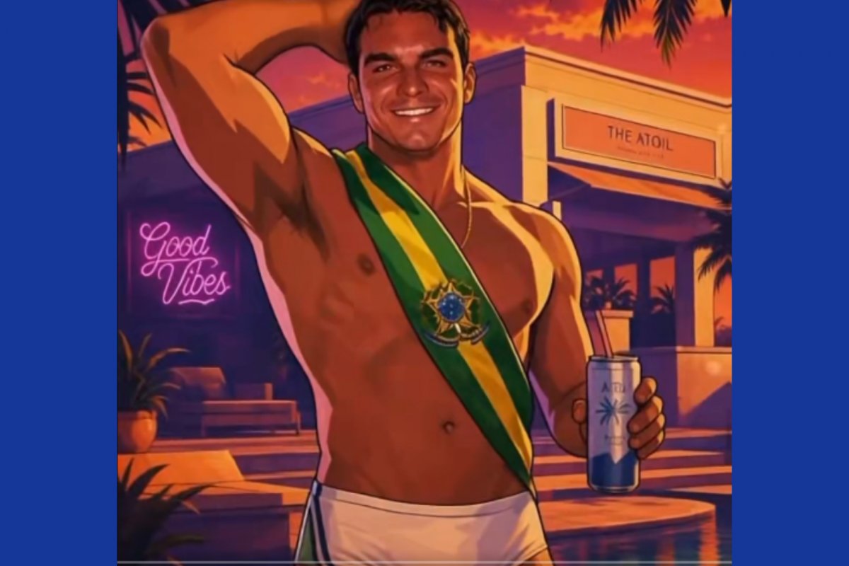 VÍDEO: Flávio Bolsonaro aparece de sunga e faixa presidencial em imagem de IA