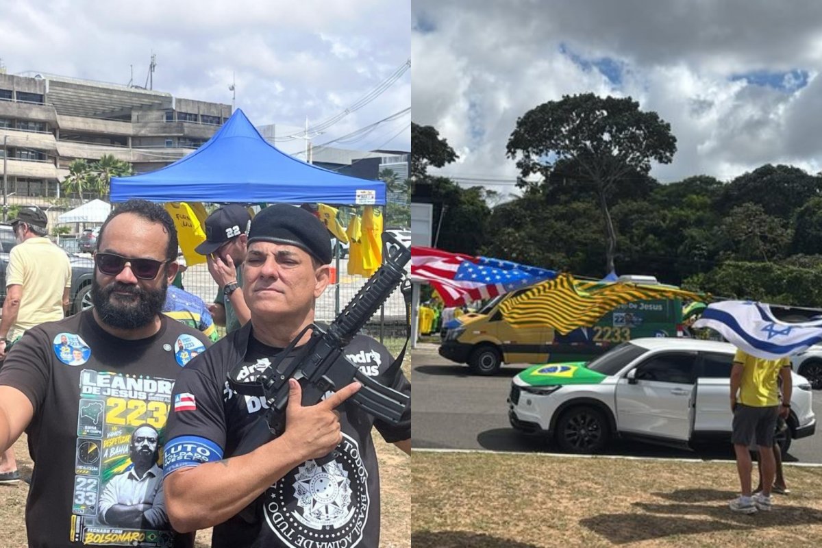 Carreata pró-Flávio reúne fuzil e bandeiras dos EUA e Israel em Salvador
