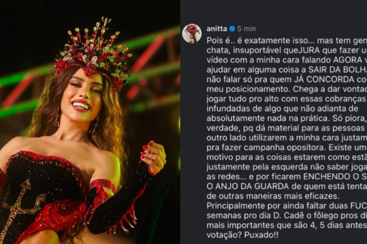 Anitta se revolta após ser cobrada por posicionamento político: ‘vontade de jogar tudo para o alto’