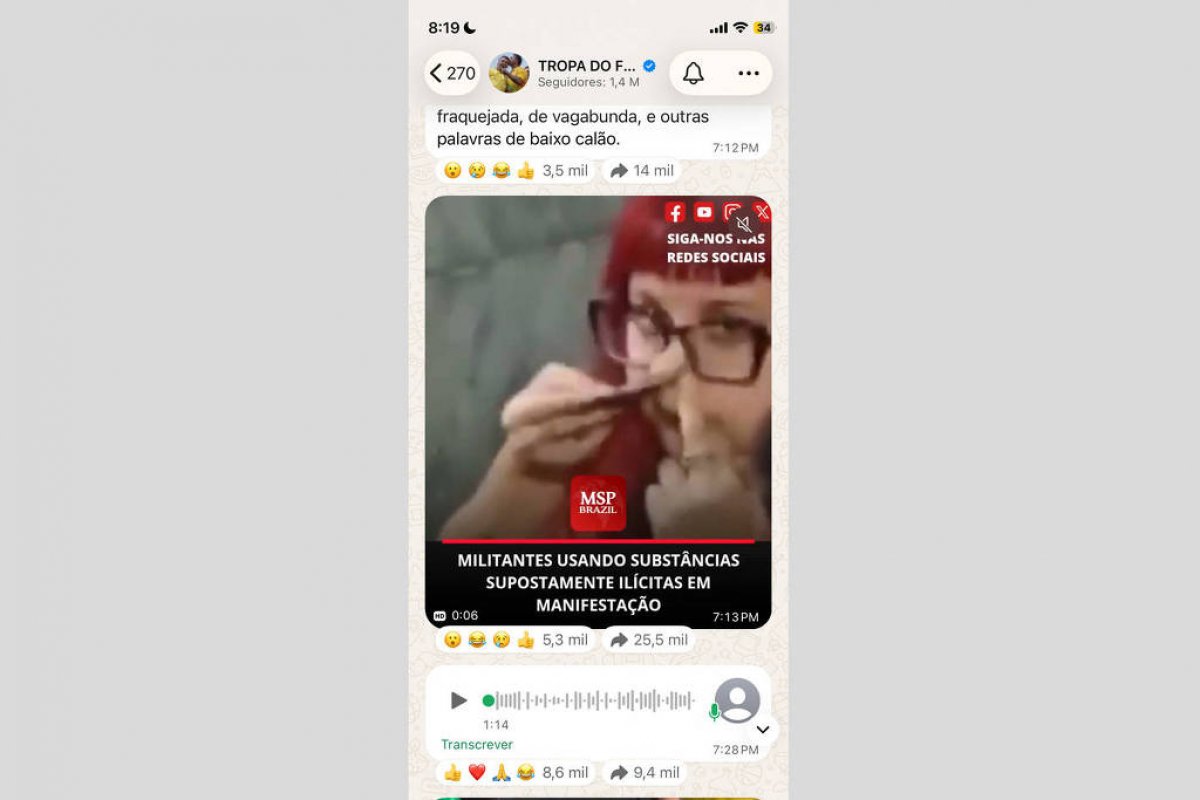 Canal de Flávio faz associação falsa de cocaína a ato pró-Lula, e Tarcísio compartilha imagem