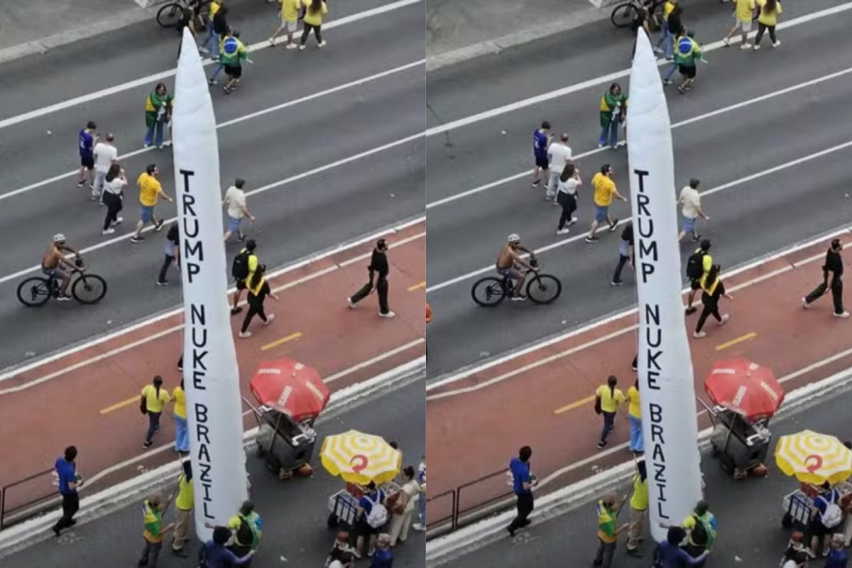 Vídeo: 'Trump, bombardeie o Brasil', apoiadores de Flávio Bolsonaro levam míssil inflável à Avenida Paulista com frase que pede ataque