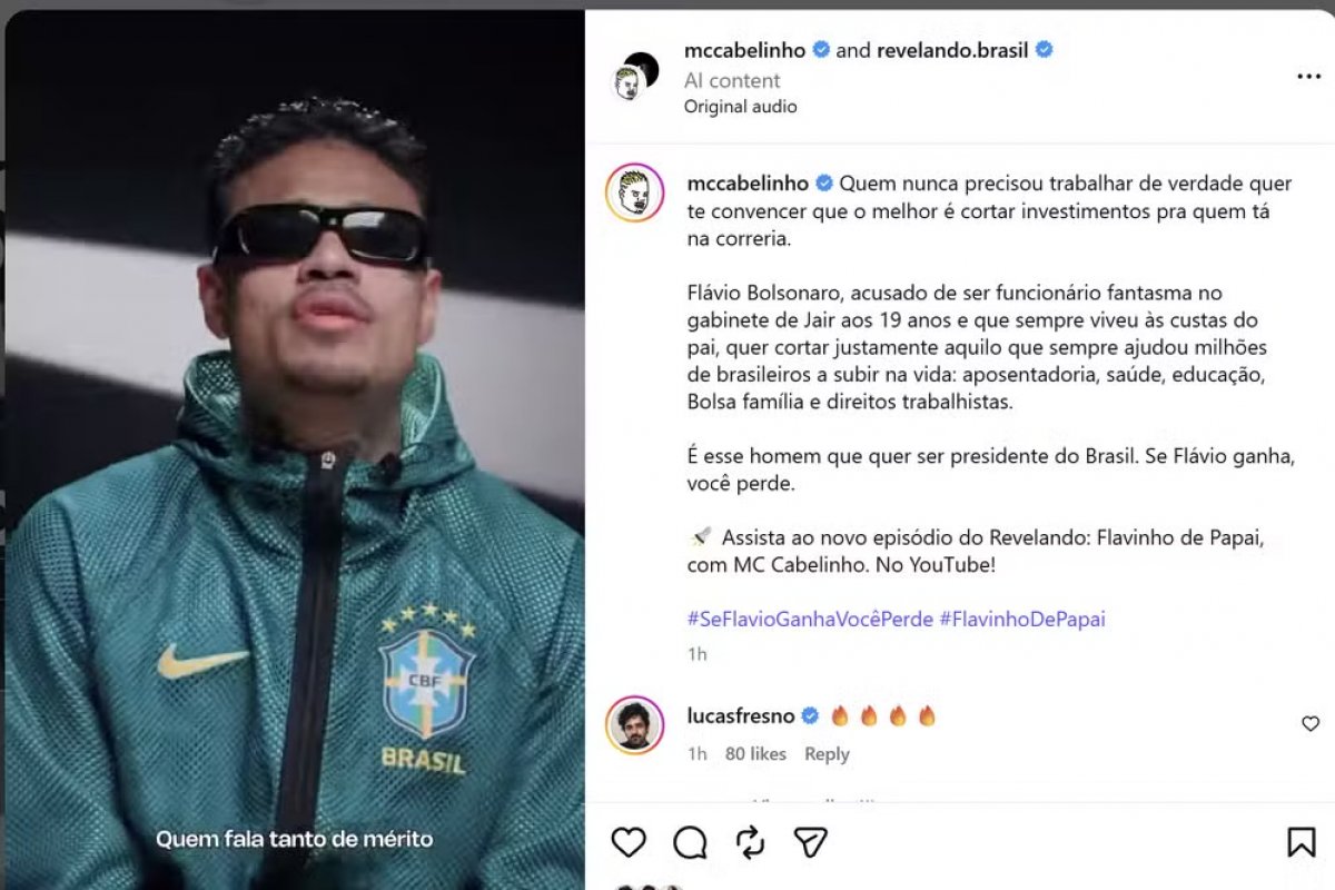 TSE dá 24 horas para Meta revisar vídeo de MC Cabelinho sobre Flávio Bolsonaro