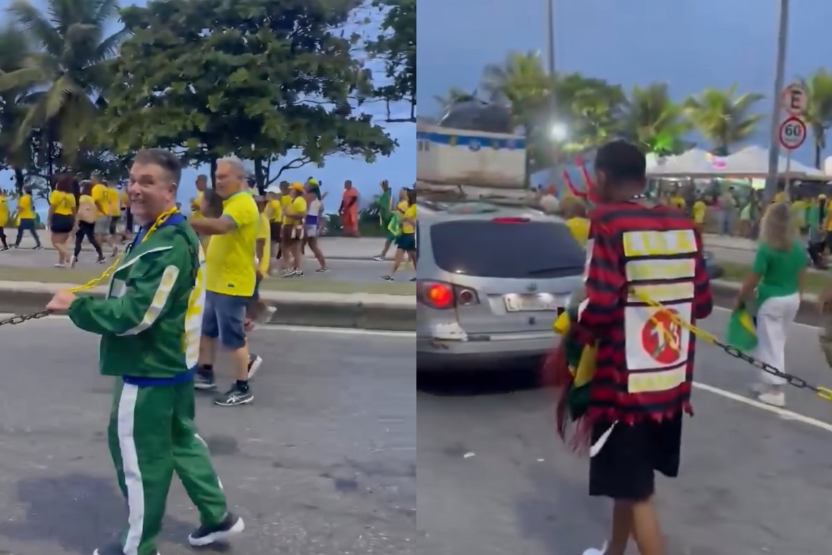 Vídeo: Apoiador de Flávio Bolsonaro desfila com homem negro acorrentado no Rio de Janeiro