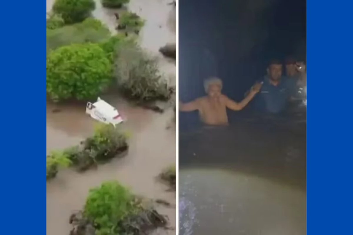 Vídeo: ocupantes de ambulância são resgatados após veículo arrastado por enxurrada na Bahia