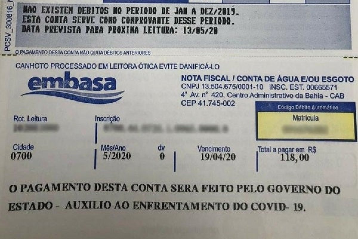 Governo da Bahia inicia pagamento de contas de água da população 