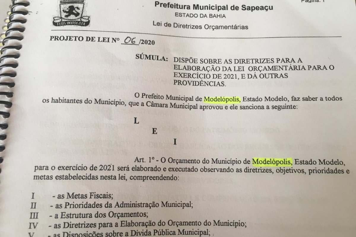  Prefeito de Sapeaçu copia LDO de outra cidade e manda para Câmara de município