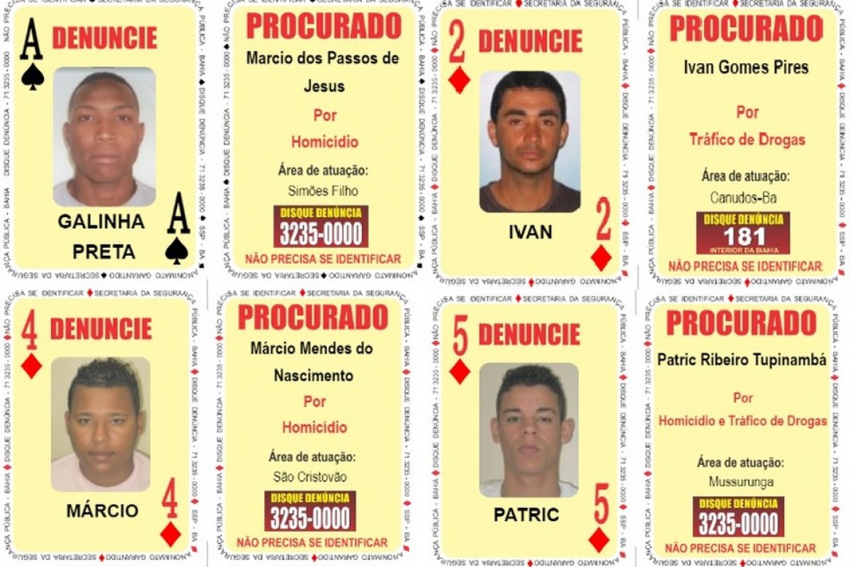 Quatro homens procurados por tráfico e homicídios na Bahia são colocados no baralho do crime da SSP 