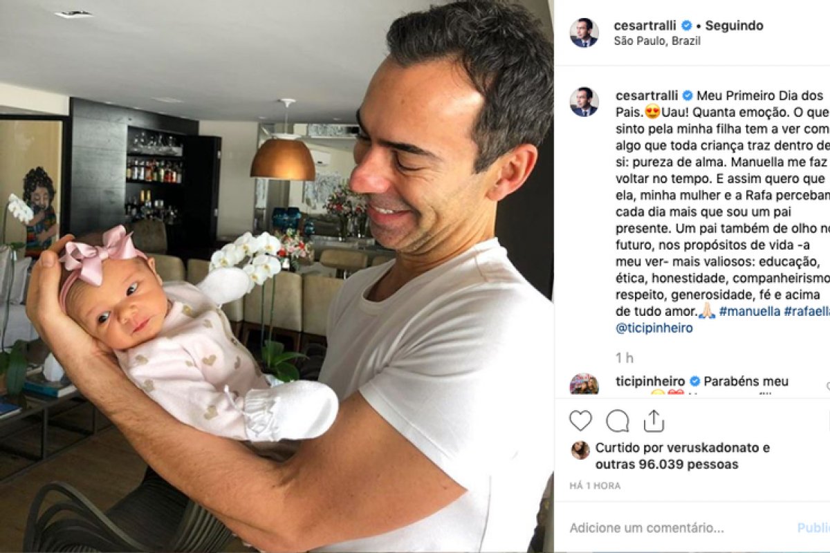 César Tralli curte  Manuella em seu primeiro Dia dos Pais