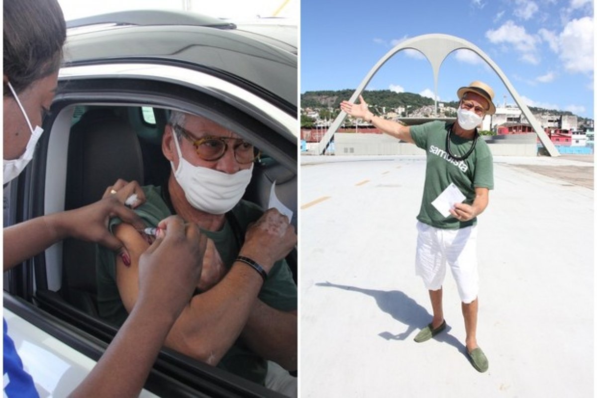 Carlinhos de Jesus celebra na Sapucaí a primeira dose da vacina contra a Covid-19!