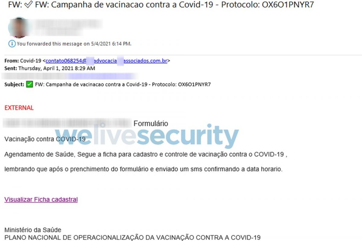 Criminosos enviam mensagens falsas em nome do Ministério da Saúde com promessa de vacina contra Covid
