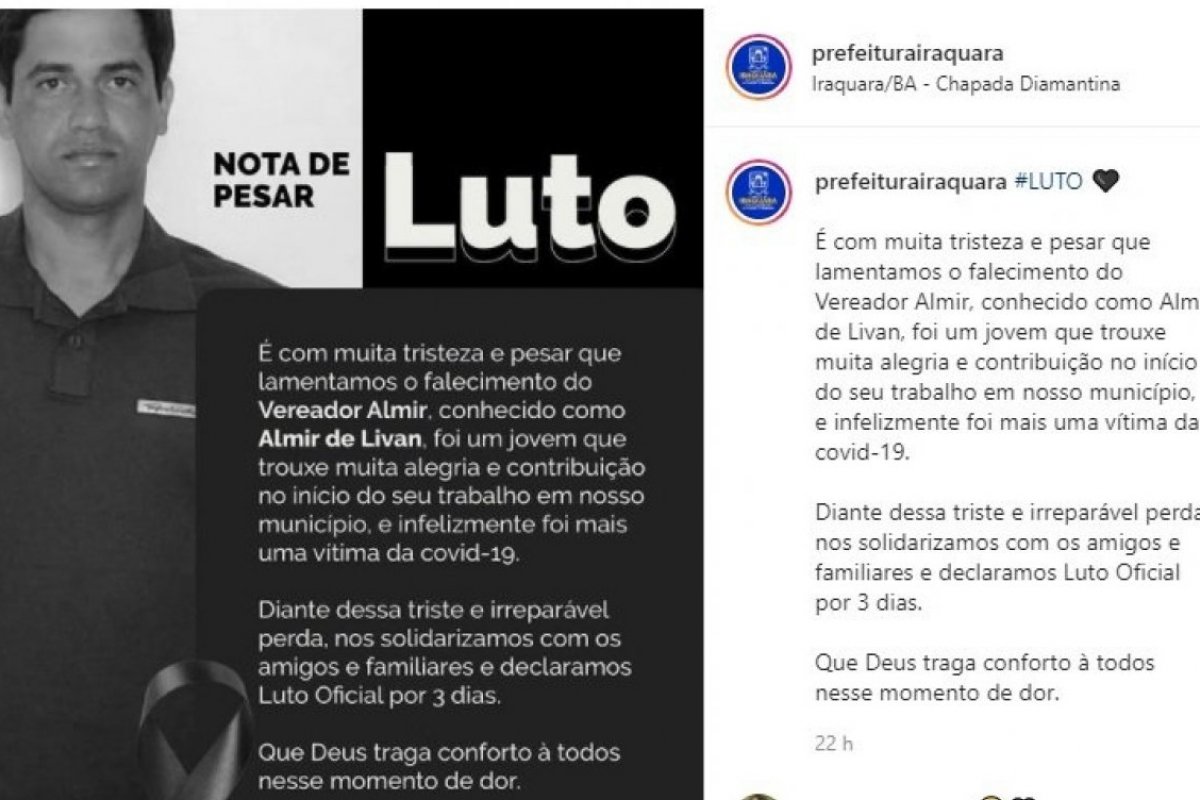 Chapada Diamantina: Vereador de 33 anos morre por Covid-19 