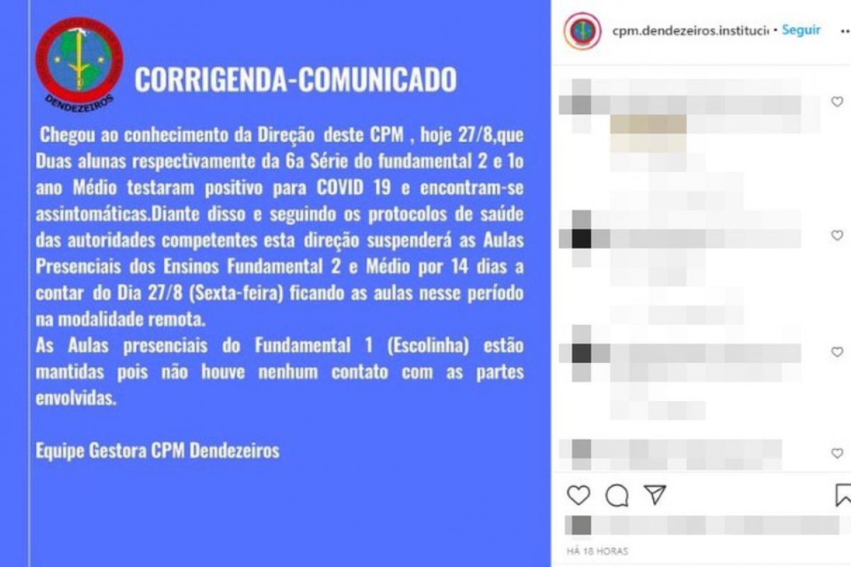 CPM suspende aulas presenciais nos ensinos médio e fundamental II após casos positivos de Covid-19