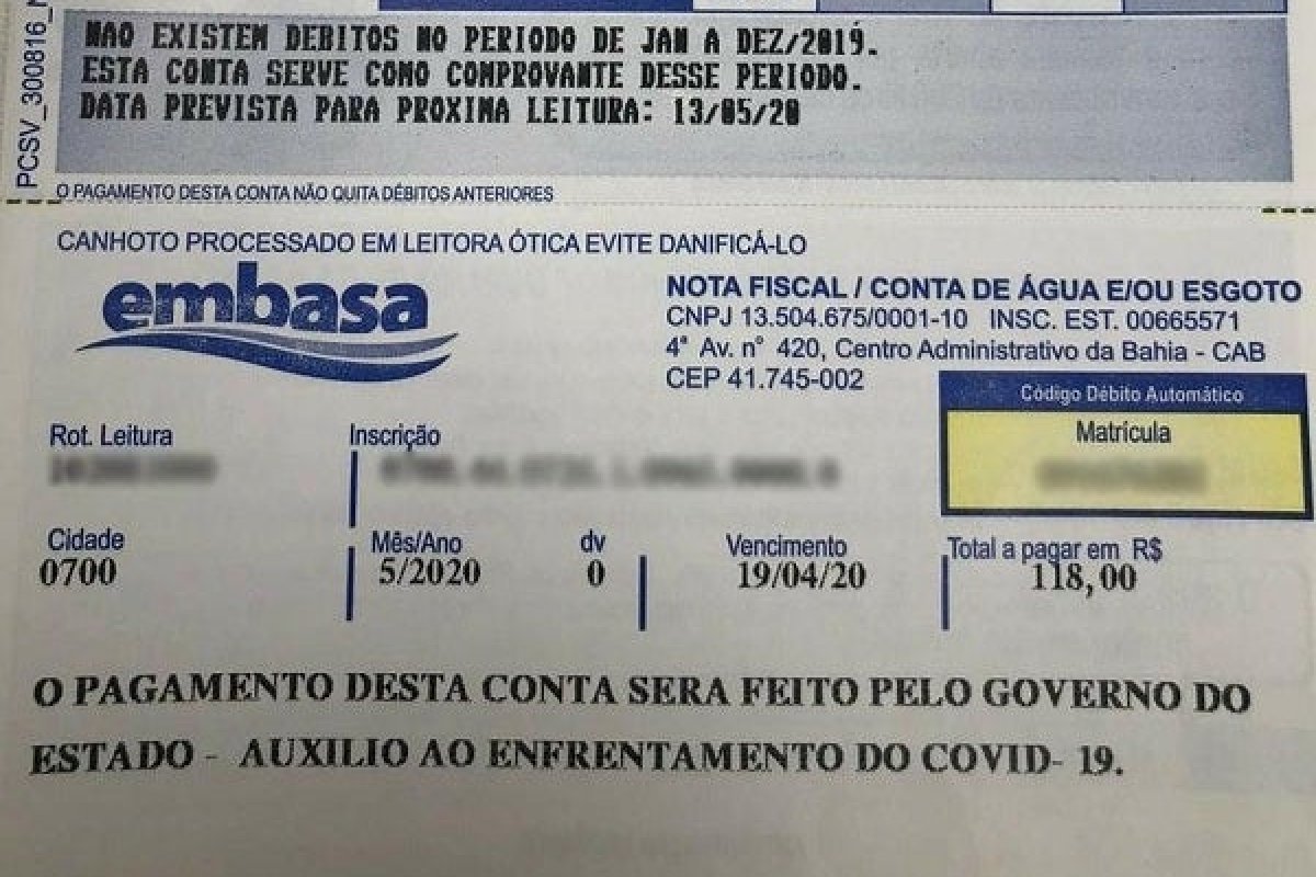 [Governo da Bahia inicia pagamento de contas de água da população ]