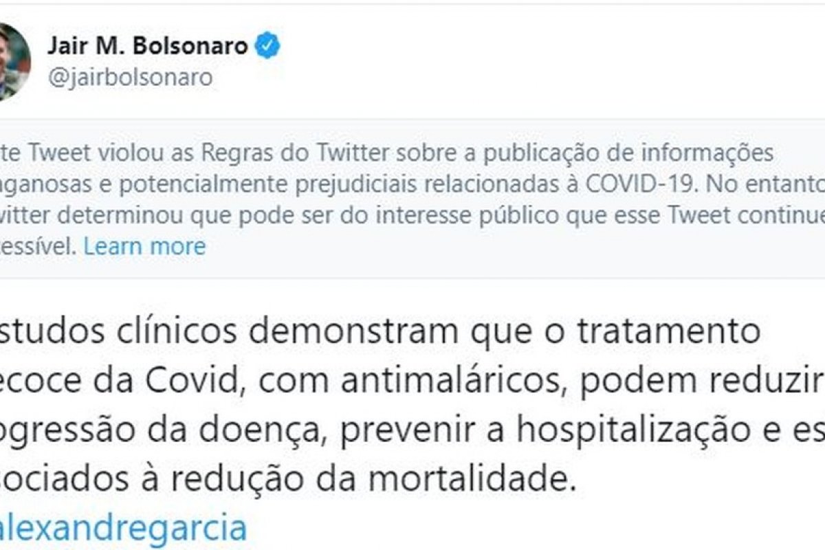 [Twitter põe alerta em postagem de Bolsonaro: 'publicação de informações enganosas']