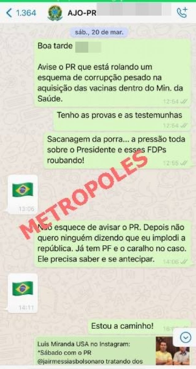 [Confira as mensagens enviadas por Luis Miranda a Bolsonaro sobre Covaxin]